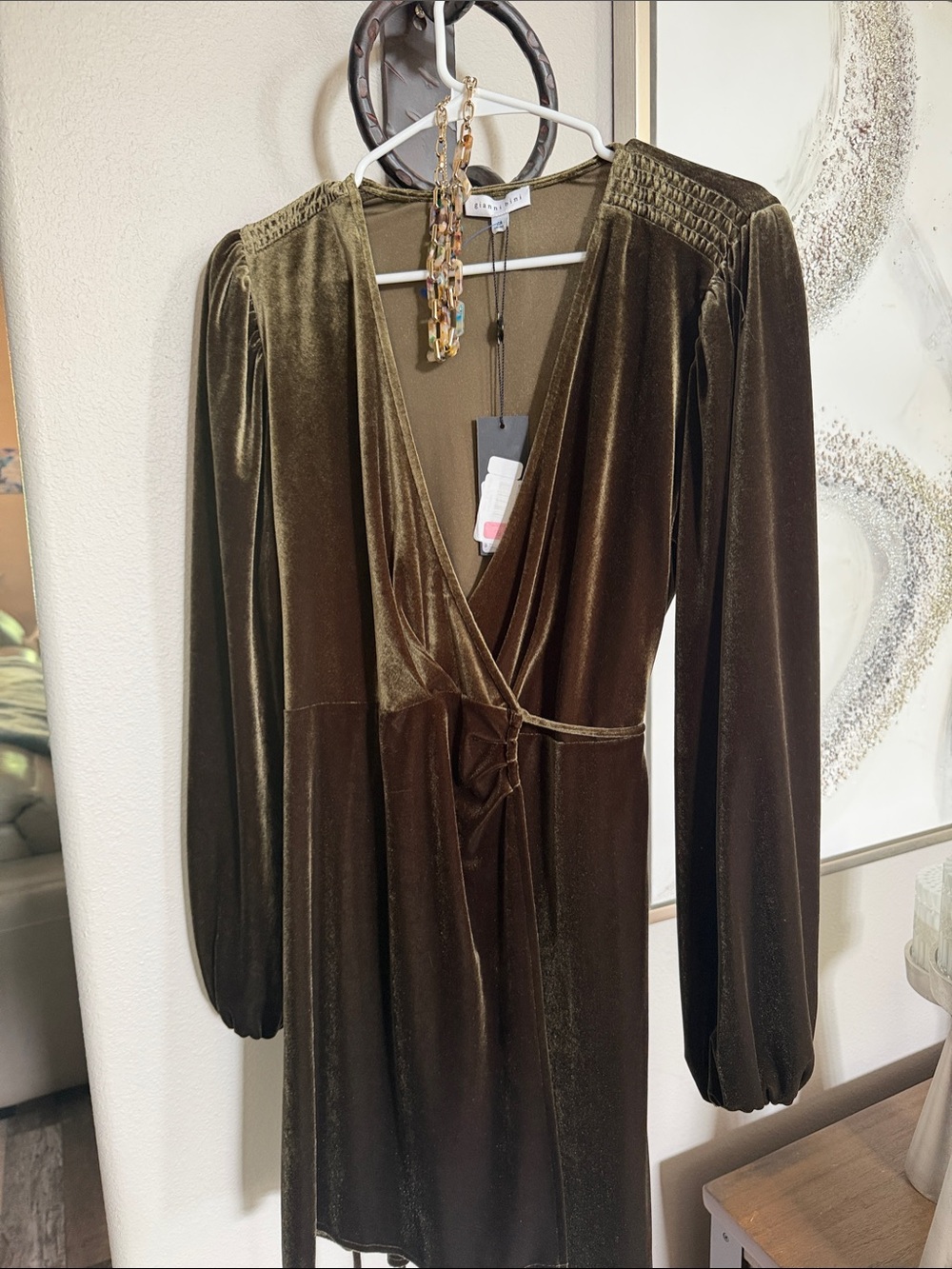 Gianni Bini Olive Green Velvet Wrap Mini Dress 19 ptp nwt